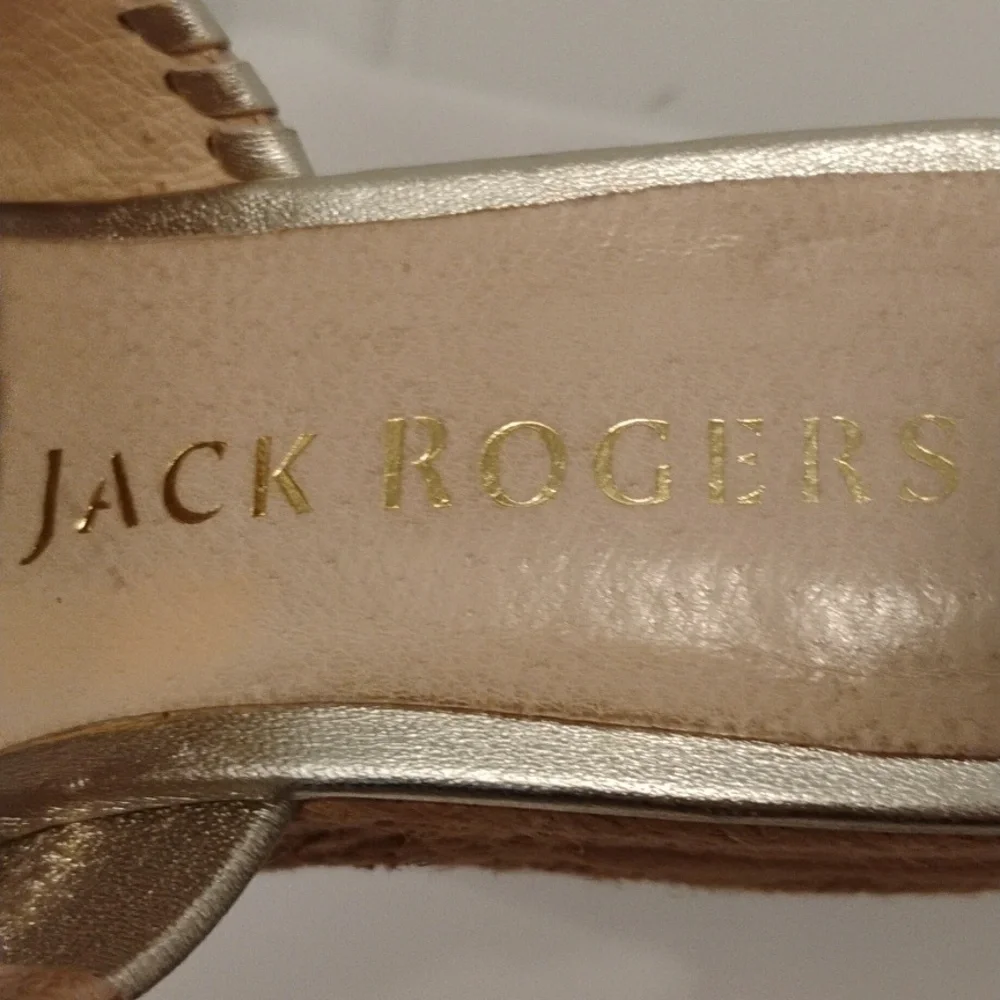 Jack Rogers Sandals Heels Wedge Thong Leather Jute Espadrille Medallion Gold 6 - Picture 8 of 12